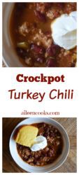 Crockpot Turkey Chili is a healthy slow cooker meal made with lean ground turkey and lots of vegetables. Recipe from aileencooks.com.