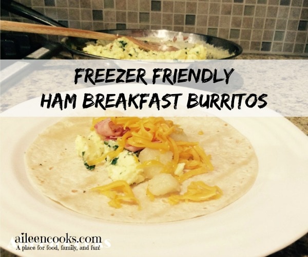 Freezer Friendly Ham Breakfast Burritos. Make 12 Breakfast survings at once and freeze the extras! Found at https://aileencooks.com