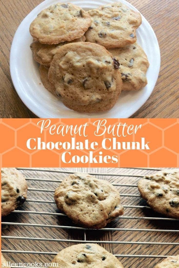 A collage photo of peanut butter chocolate chunk cookies on a white plate over a cooling rack filled with peanut butter chocolate chip cookies.