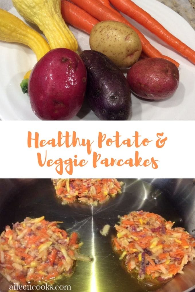 A collage photo showing a veggie pancakes recipe and a plate of potatoes, carrot, and squash.