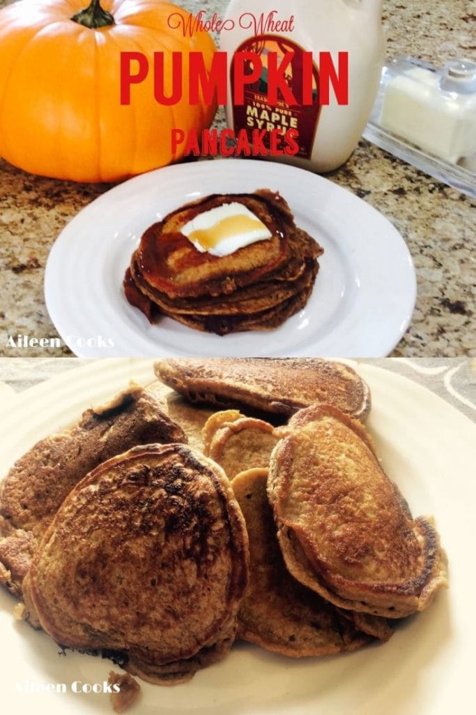 Collage photo of whole wheat pumpkin pancakes next to a pumpkin and bottle of maple syrup and a plate of healthy pumpkin pancakes.