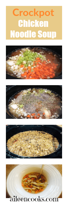 Collage photo showing step-by-step how to make crockpot chicken and egg noodles.