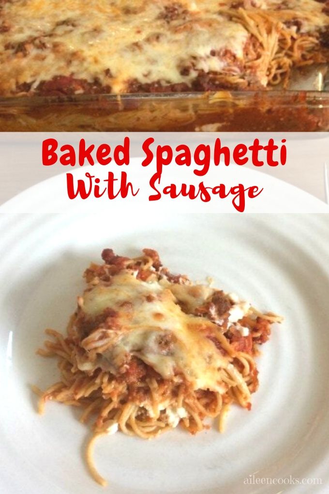 Baked spaghetti on a white plate with words "baked spaghetti with sausage"