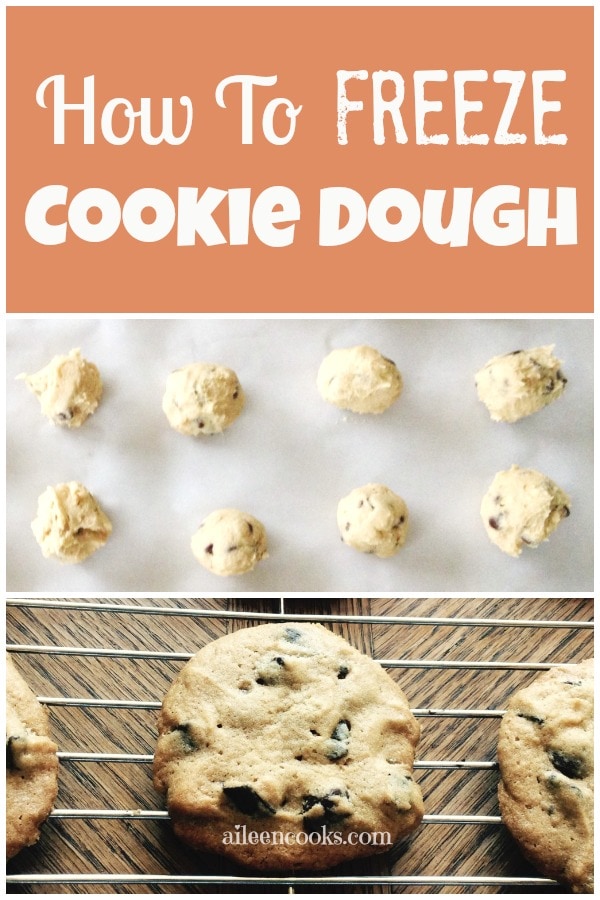 A cookie sheet filled with rounds of frozen cookie dough with the words "how to freeze cookie dough".