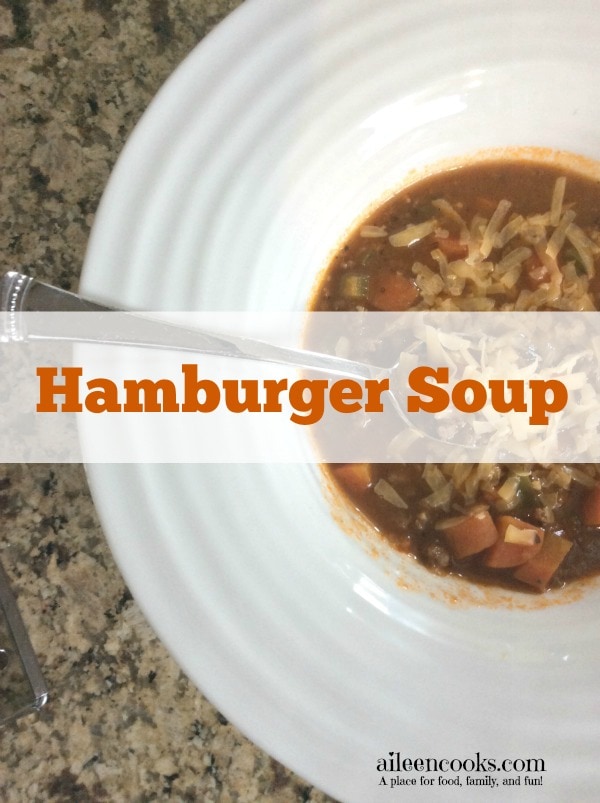 Easy hamburger soup recipe on https://aileencooks.com