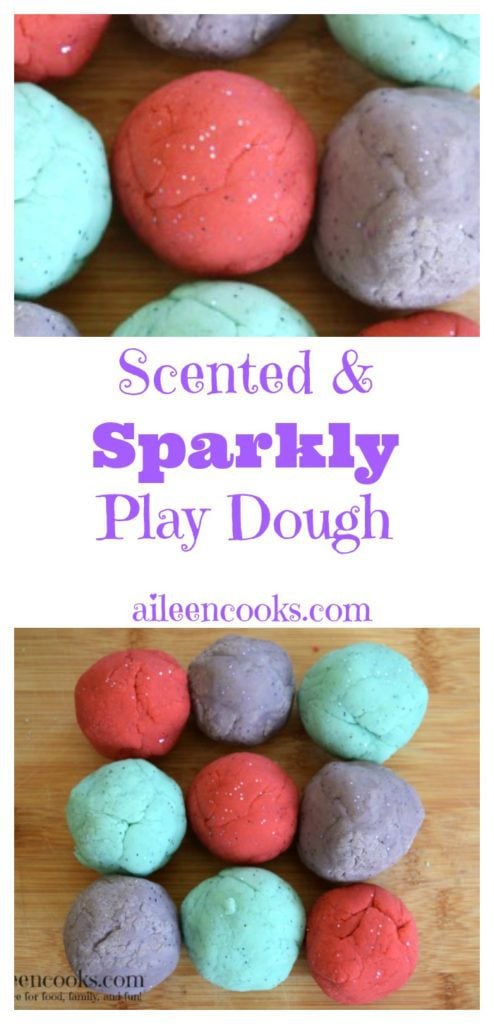 Make this simple and fun sparkly & scented play dough from aileencooks.com using glitter and Koolaid.