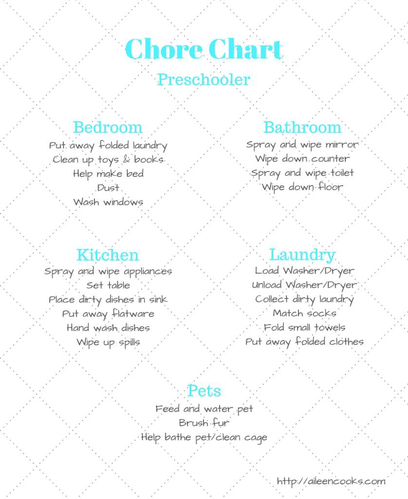 FREE Printable Preschooler Chore Chart (4-5 year olds) from https://aileencooks.com