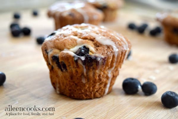 Banana Blueberry Muffins with vanilla glaze | https://aileencooks.com