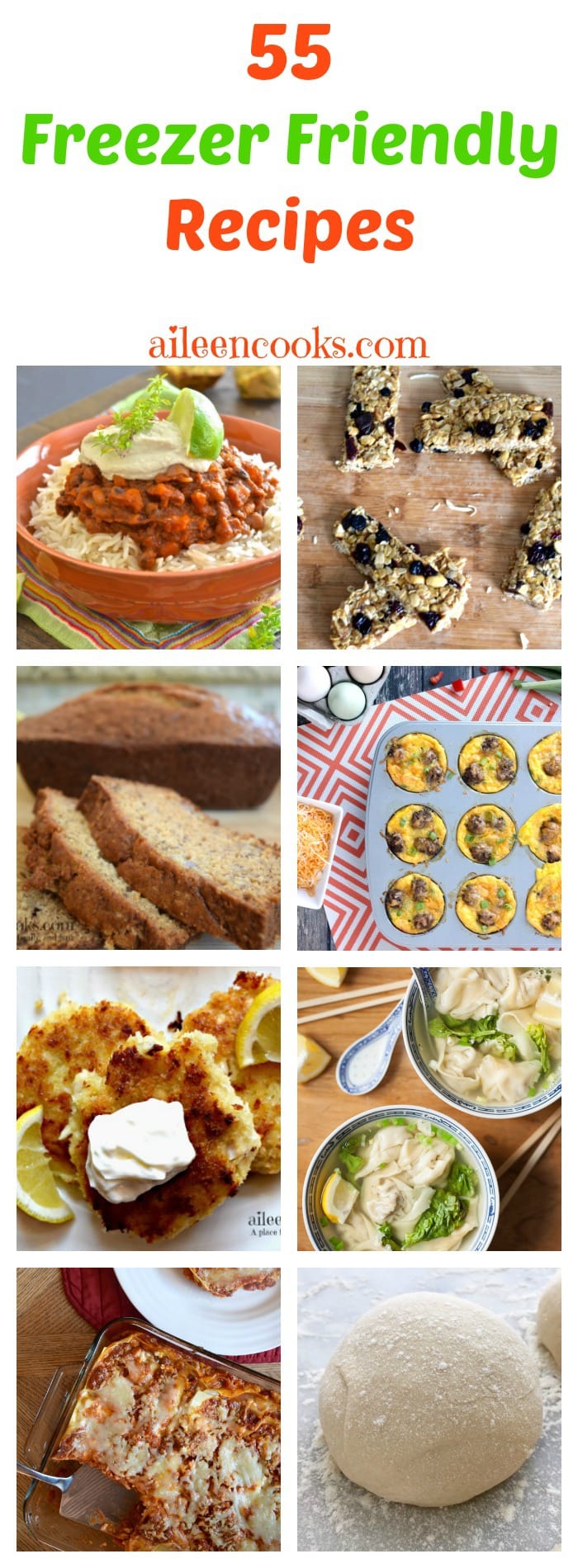 55 Freezer Friendly Recipes inlcuding breakfast, lunch, dinner, snack, and dessert recipes - all ready to be made into freezer meals. https://aileencooks.com