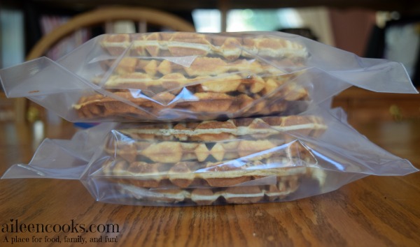 Chocolate chip waffles recipe stacked up in freezer bags.