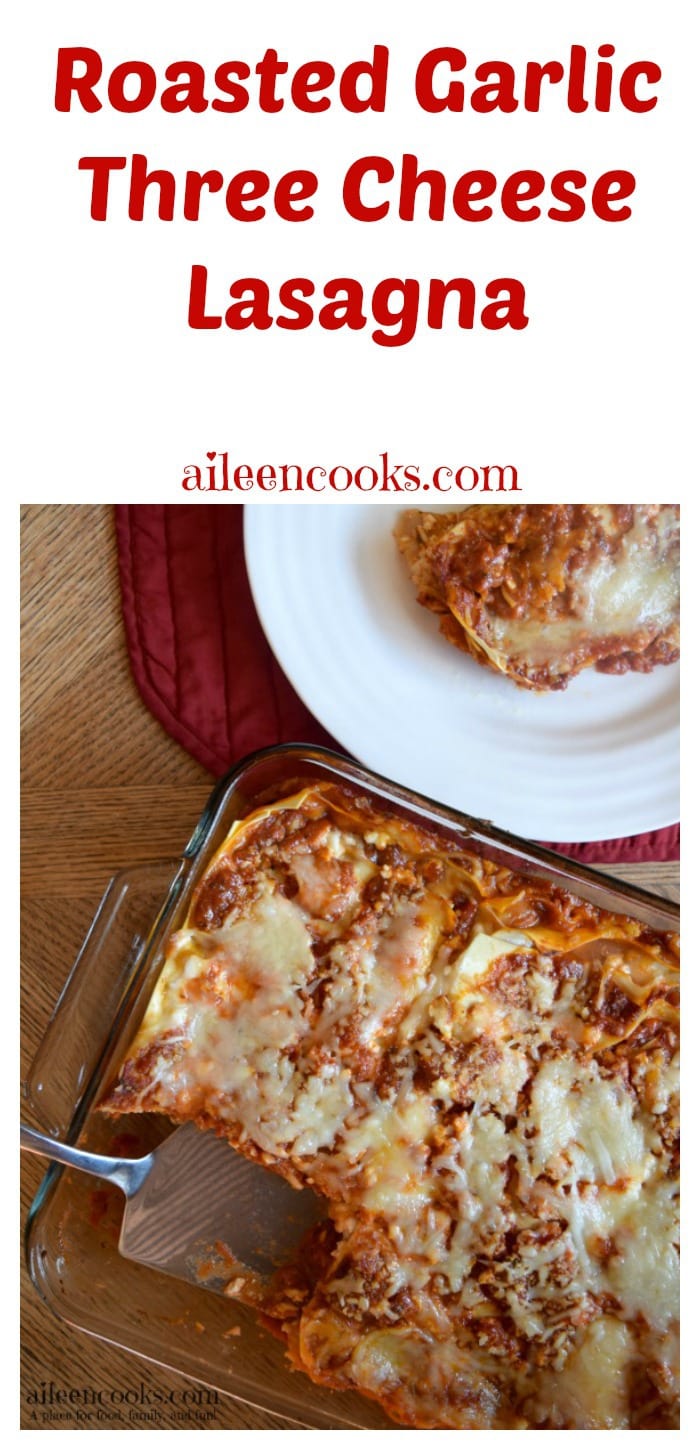 Roasted Garlic Three Cheese Lasagna. This is an easy to make family meal with no boil lasagna noodles. Vegetarian. Freezer Friendly. Kid Friendly. [ad] https://aileencooks.com