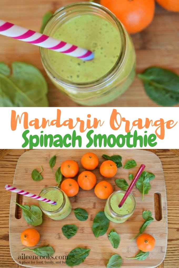 orange spinach smoothie with a purple striped straw next to a cutting board with smoothies on top.