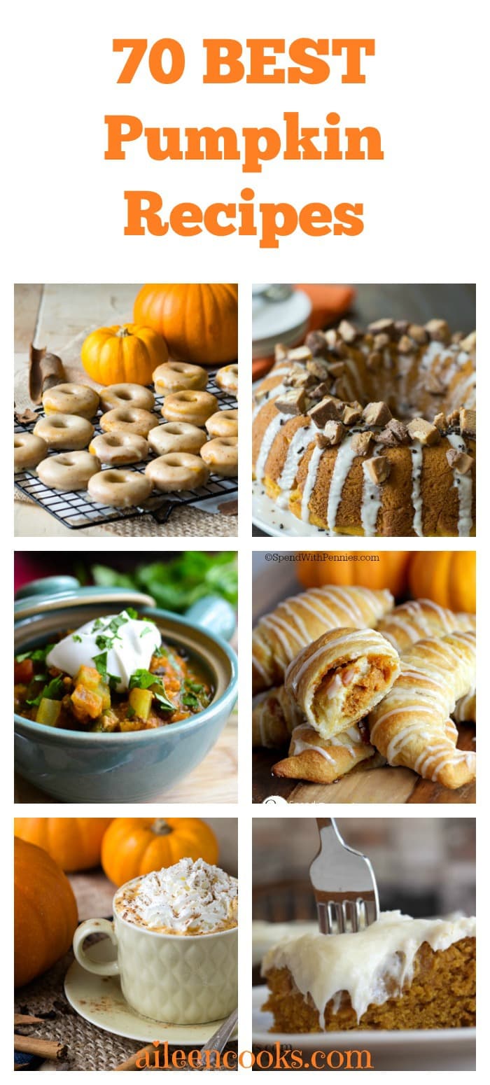 70 BEST pumpkin recipes for fall including savory pumpkin recipes, sweet pumpkin recipes, gluten free pumpkin recipes, and vegan pumpkin recipes. aileencooks.com