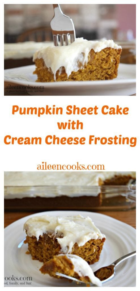 Two pictures of pumpkin pie sheet cake topped with cream cheese frosting.