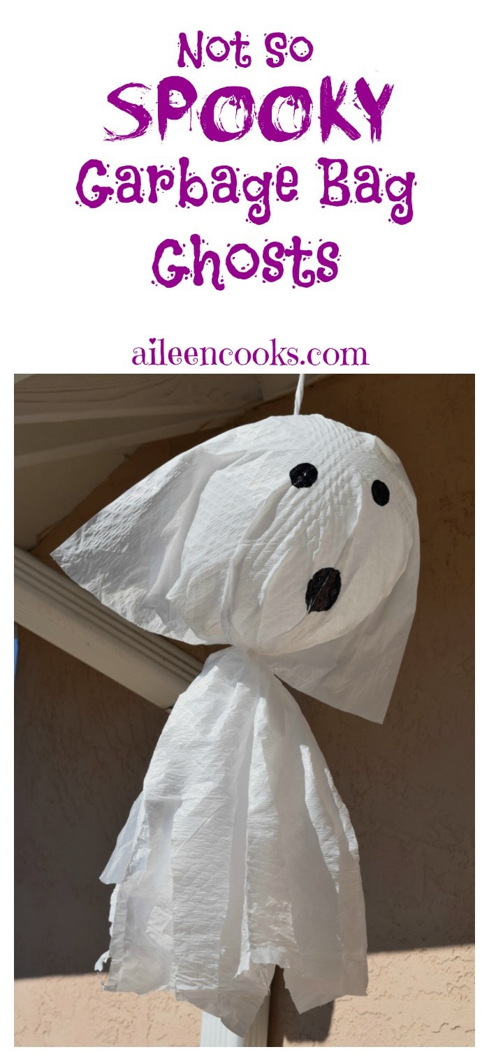 Not So Spooky Garbage Bag Ghosts. DIY Halloween Decorations from aileencooks.com. [ad]