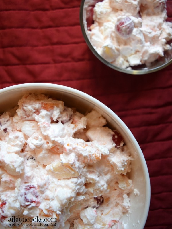 This creamy fruit salad is the perfect side dish for thanksgiving dinner or a backyard barbecue. It's perfectly sweet and could even pass as a healthy dessert. Recipe from aileencooks.com.