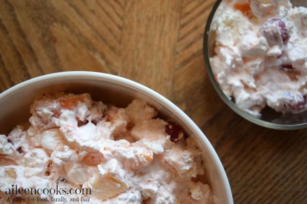 This creamy fruit salad is the perfect side dish for thanksgiving dinner or a backyard barbecue. It's perfectly sweet and could even pass as a healthy dessert. Recipe from aileencooks.com.