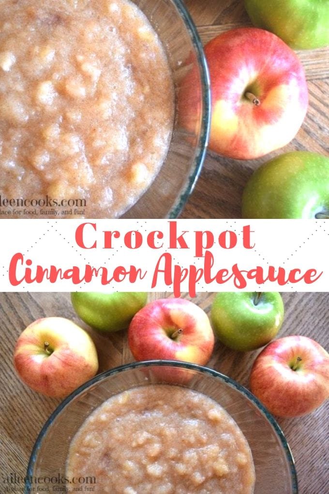 Collage photo of crockpot applesauce and red and green apples with the words "corkcpot cinnamon applesauce"