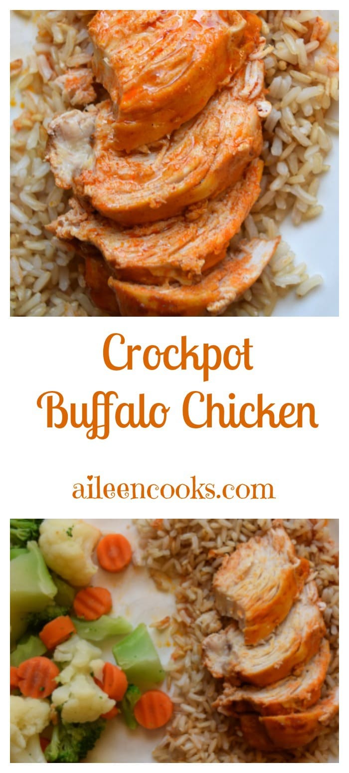 Easy and healthy crockpot buffalo chicken with just 4 ingredients make this slow cooker chicken dinner the perfect weeknight meal. Recipe from aileencooks.com