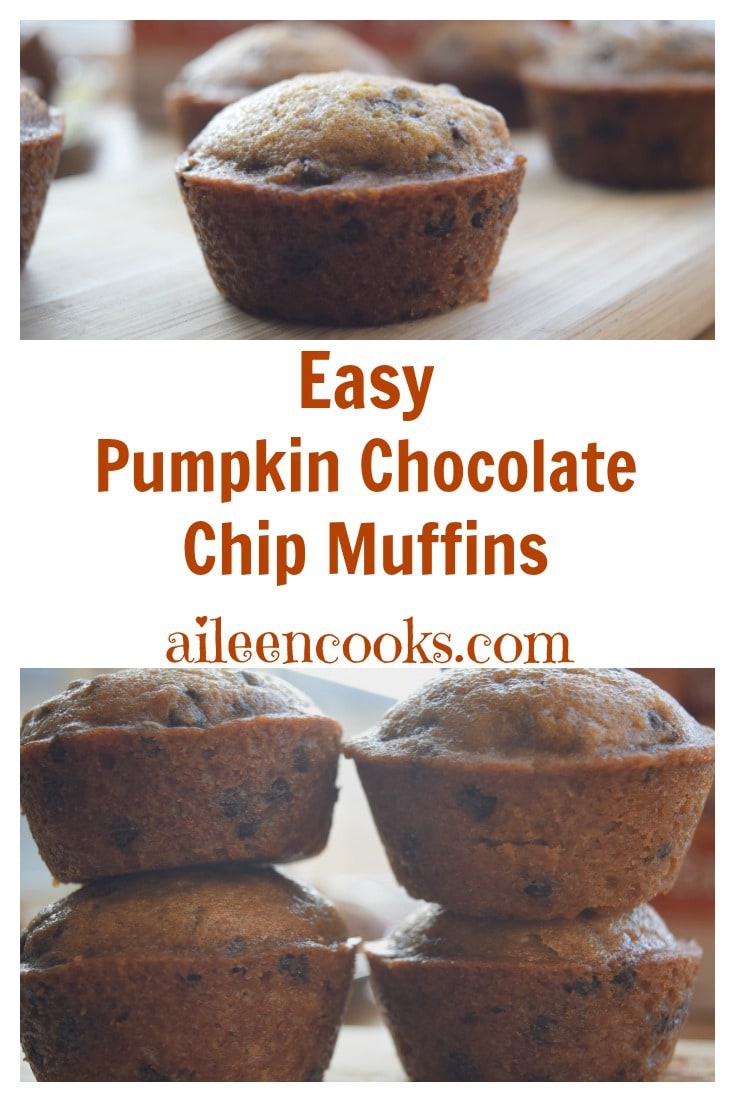 Quick and easy pumpkin chocolate chip muffins, perfect for breakfast, sports games, or pot lucks. This recipe takes 30 minutes and makes 3 dozen muffins! Recipe from aileencooks.com. #ad