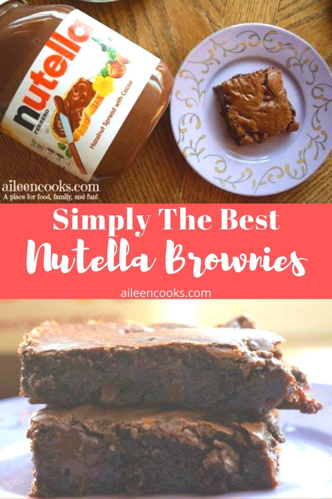 Collage photo of Nutella Brownies stacked up and some on a plate next to jar of nutella.