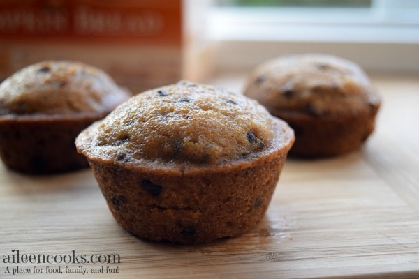 Quick and easy pumpkin chocolate chip muffins, perfect for breakfast, sports games, or pot lucks. This recipe takes 30 minutes and makes 3 dozen muffins! Recipe from aileencooks.com.
