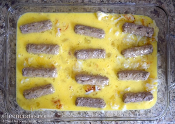 Egg & Sausage Breakfast Casserole made with turkey sausage and crescent rolls. Perfect Christmas morning breakfast or brunch recipe. Found on aileencooks.com.