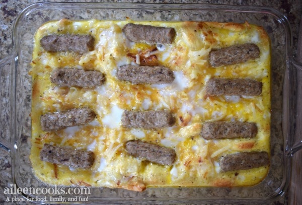 Egg & Sausage Breakfast Casserole made with turkey sausage and crescent rolls. Perfect Christmas morning breakfast or brunch recipe. Found on aileencooks.com.