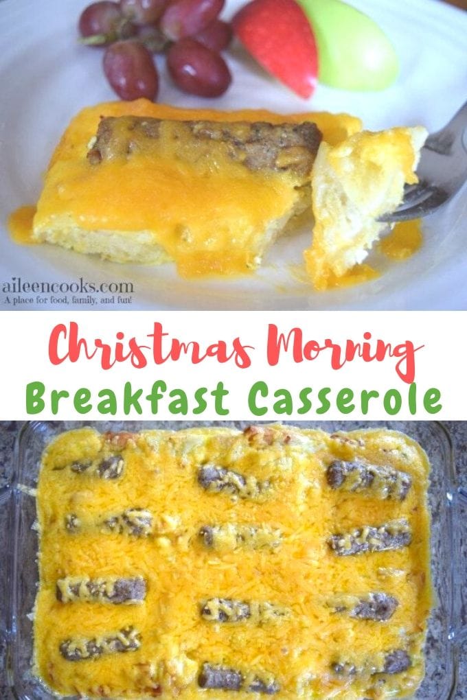 Collage photo of two pictures of breakfast casserole with crescent rolls and words "Christmas morning breakfast casserole".