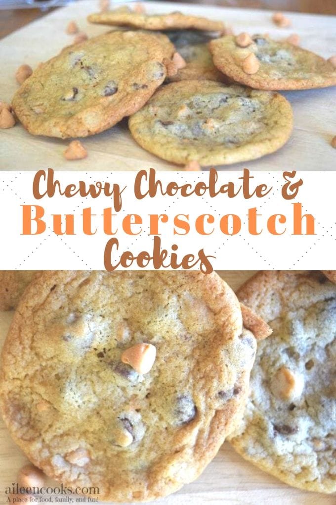 Collage photo of chocolate butterscotch chip cookies with the words "chewy chocolate and butterscotch cookies"