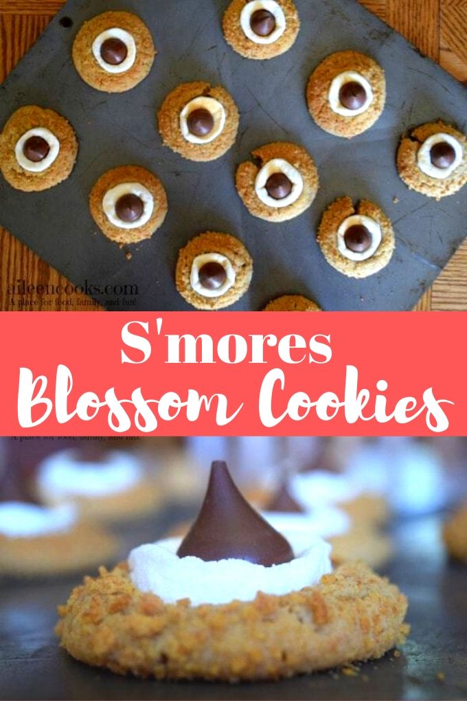 Collage photo of blossom cookies with words "s'mores blossom cookies"