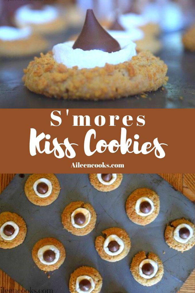 Collage photo of close up of s'mores blossom cookie and cookies on a cookie sheet.