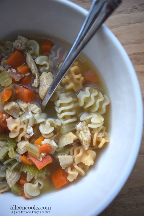 Colorful Chicken Noodle Soup is the perfect healthy soup recipes to cook with your kids. Recipe from aileencooks.com. kids in the kitchen. cooking with kids. Recipes to make with kids.