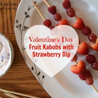 Make this healthy valentine's day snack for kids. Fruit Kabobs with Strawberry Dip. This is a yummy and healthy snack that is perfect for a cooking with kids activity. Recipe from aileencooks.com.