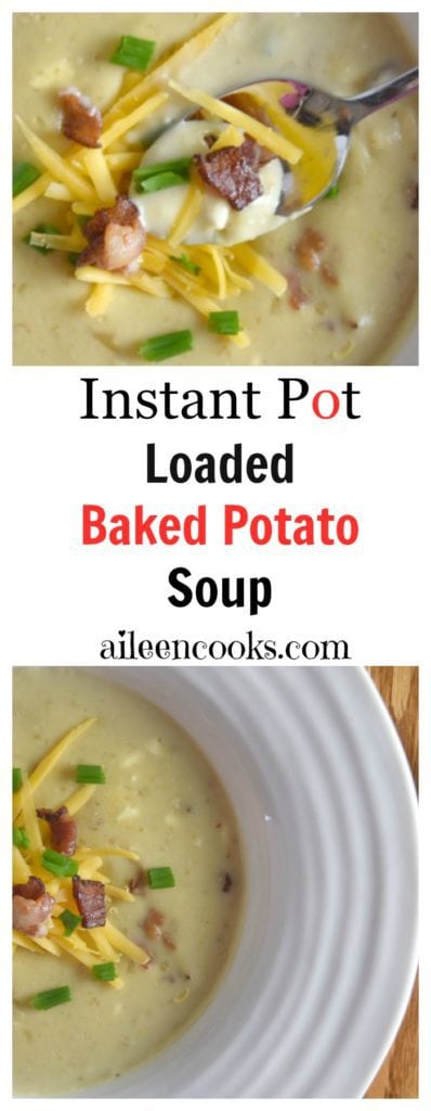 So good! Instant Pot Potato Soup loaded with yukon gold potatoes, bacon, half and half, 2 different kinds of cheeses, and topped with green onions. Easy to make in the instant pot electric pressure cooker. soup recipes. instant pot recipes. baked potato soup recipes. Recipe from aileencooks.com.