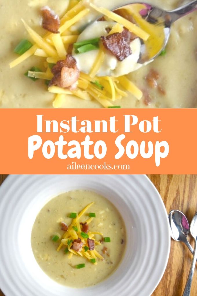 Collage photo of bowl of potato soup and spoonful of potato soup.