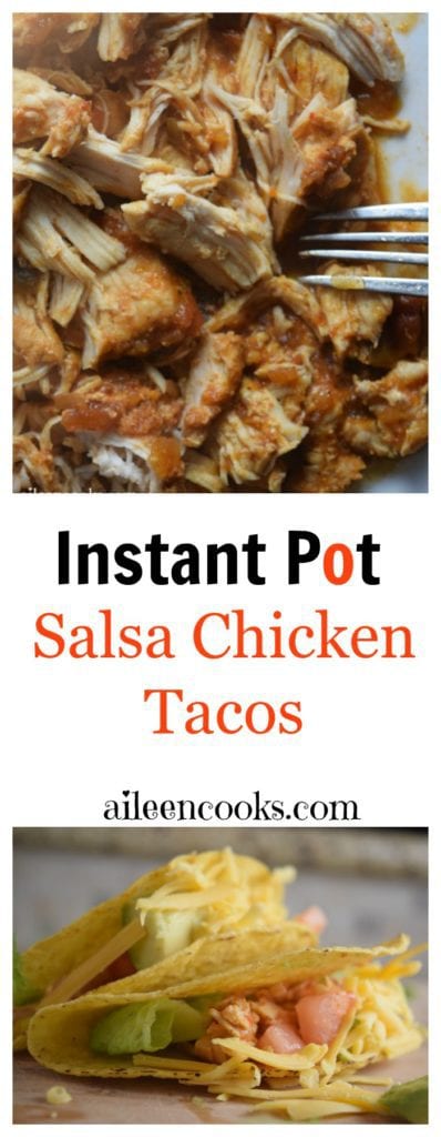 Make these instant pot salsa chicken tacos in your pressure cooker with just 5 minutes prep time! This recipes uses frozen chicken breasts. It seriously can't get easier than this! It's a family favorite!
