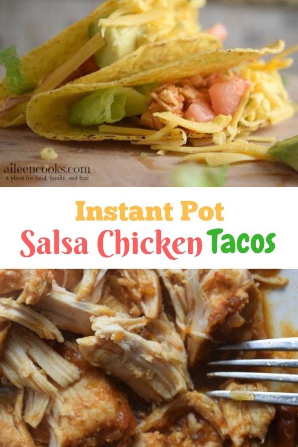 Instant pot salsa chicken tacos in crispy taco shells, served with lettuce and tomato.