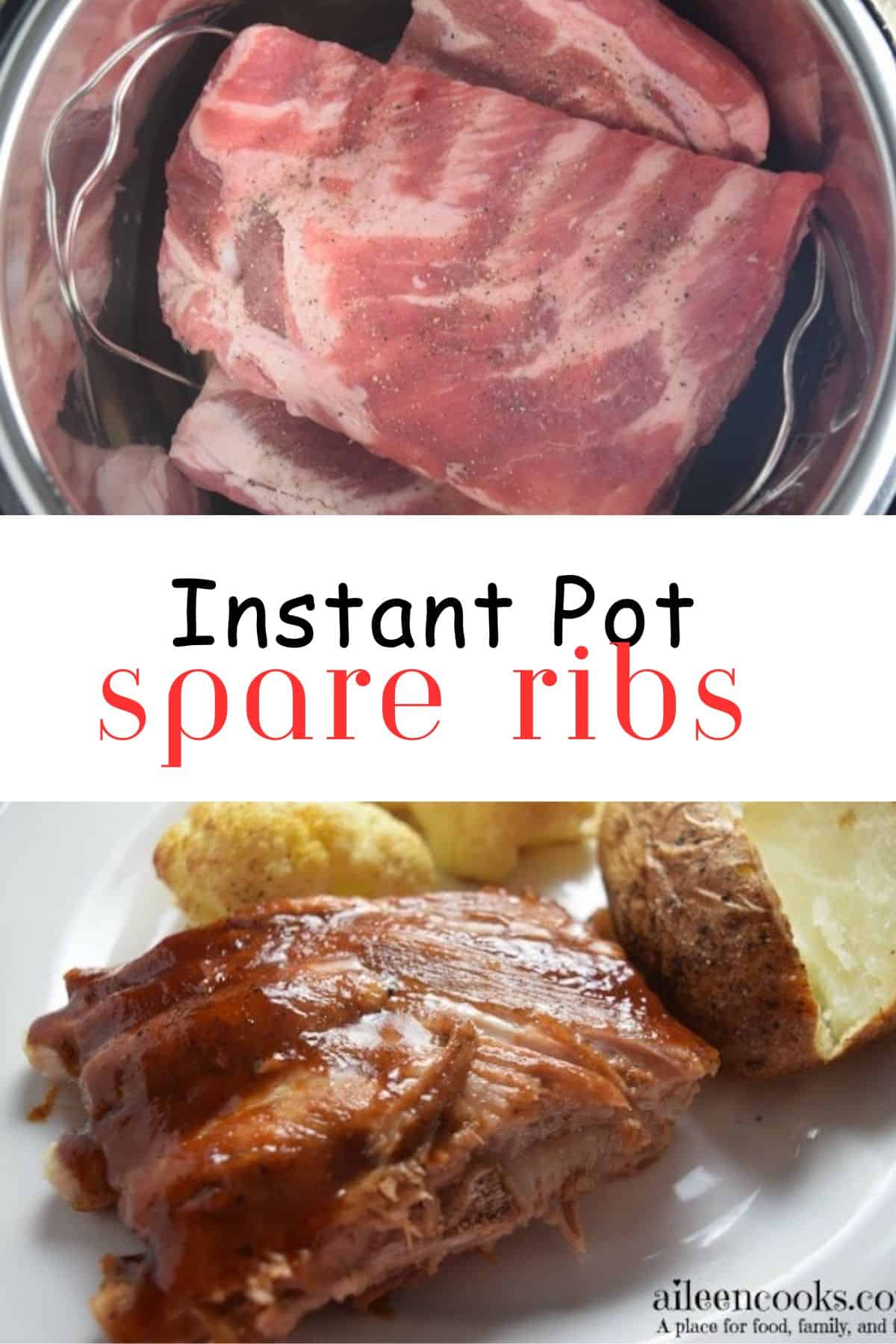 Collage photo of a picture of cooked ribs on a plate and raw ribs inside an instant pot.