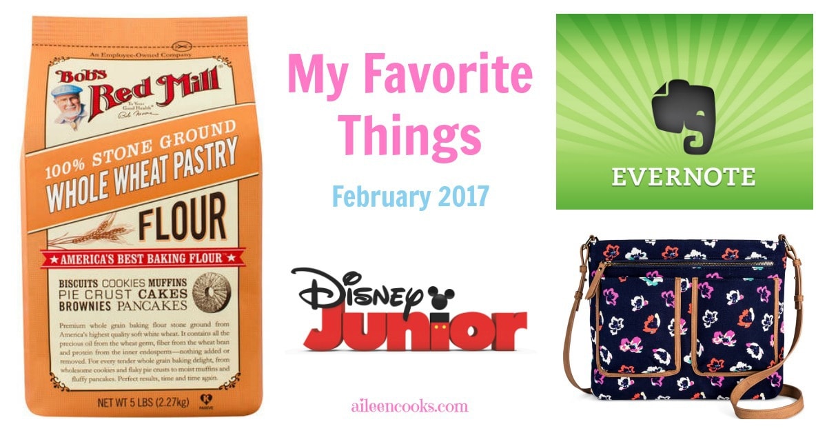 My Favorite Things. Target floral crossbody bag, Evernote, Disney Jr. App, Bob's Red Mill Whole Wheat Pastry Flour. Article from aileencooks.com.