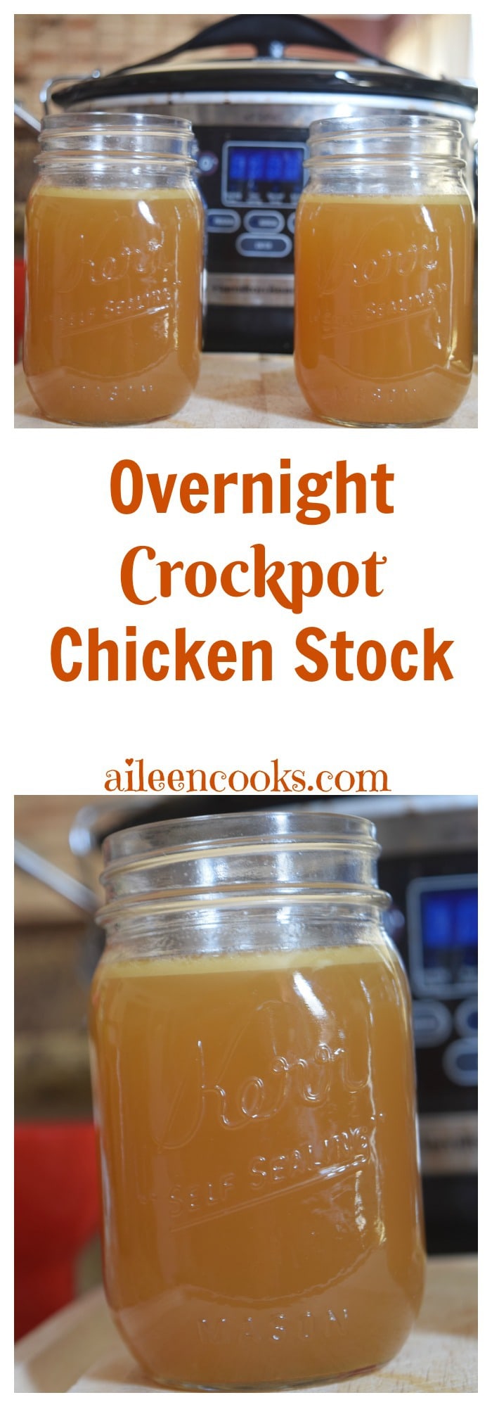 A frugal and healthy recipe for crockpot chicken stock cooked overnight while you sleep. Slow Cooker Chicken Broth recipe from aileencooks.com.