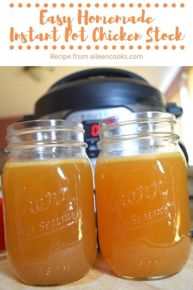Two jars filled with bone broth and the words "easy homemade instant pot chicken stock"