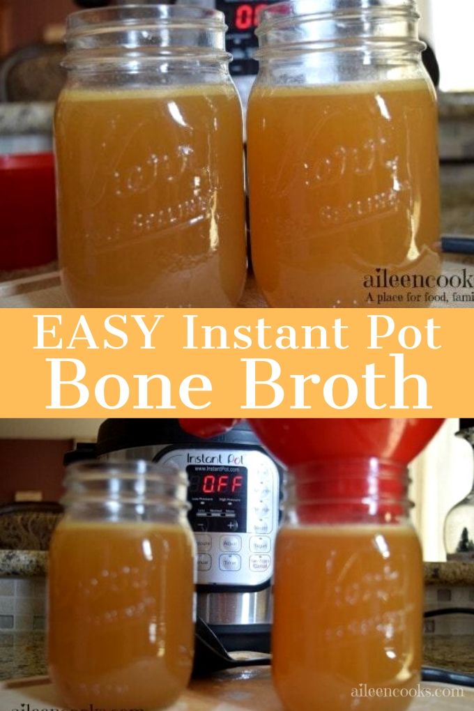Two photos of jars for bone broth and the words "easy instant pot bone broth"