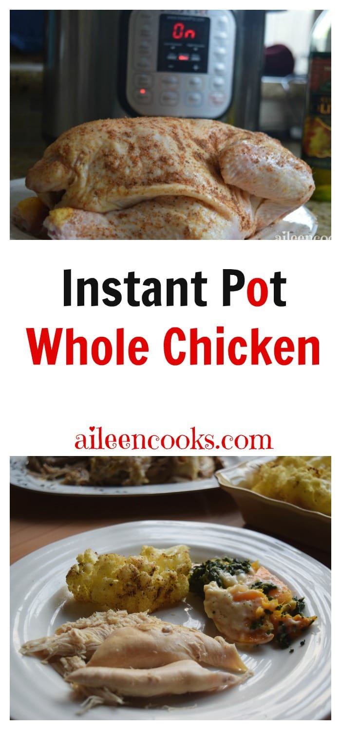 Cook a whole chicken in the instant pot electric pressure cooker in under 1 hour. Instant Pot Whole chicken recipe from aileencooks.com.
