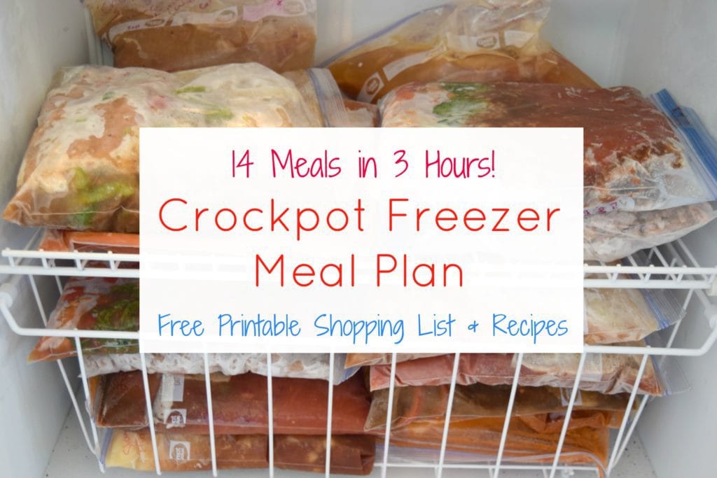 Make 14 crockpot freezer meals in 3 hours with this crockpot freezer meal plan from aileencooks.com that includes a printable shopping list and recipes.