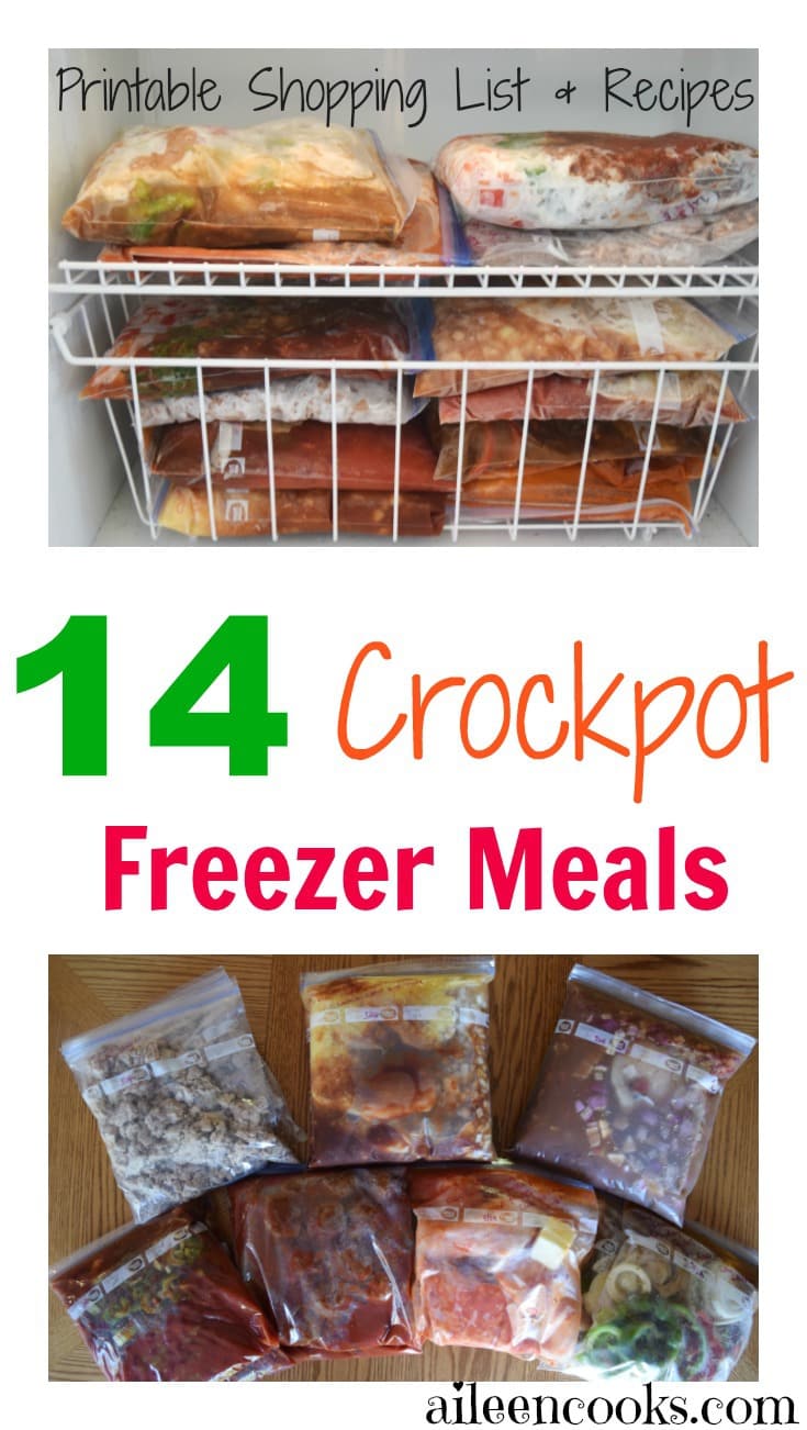 A collage photo of crockpot freezer meals and the words "14 crockpot freezer meals, Printable shopping list and recipes".