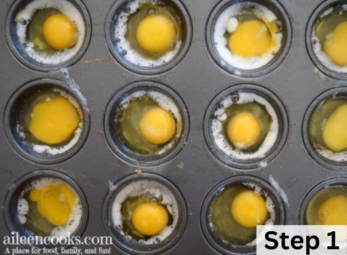 A muffin tin with a cracked egg inside each slot.
