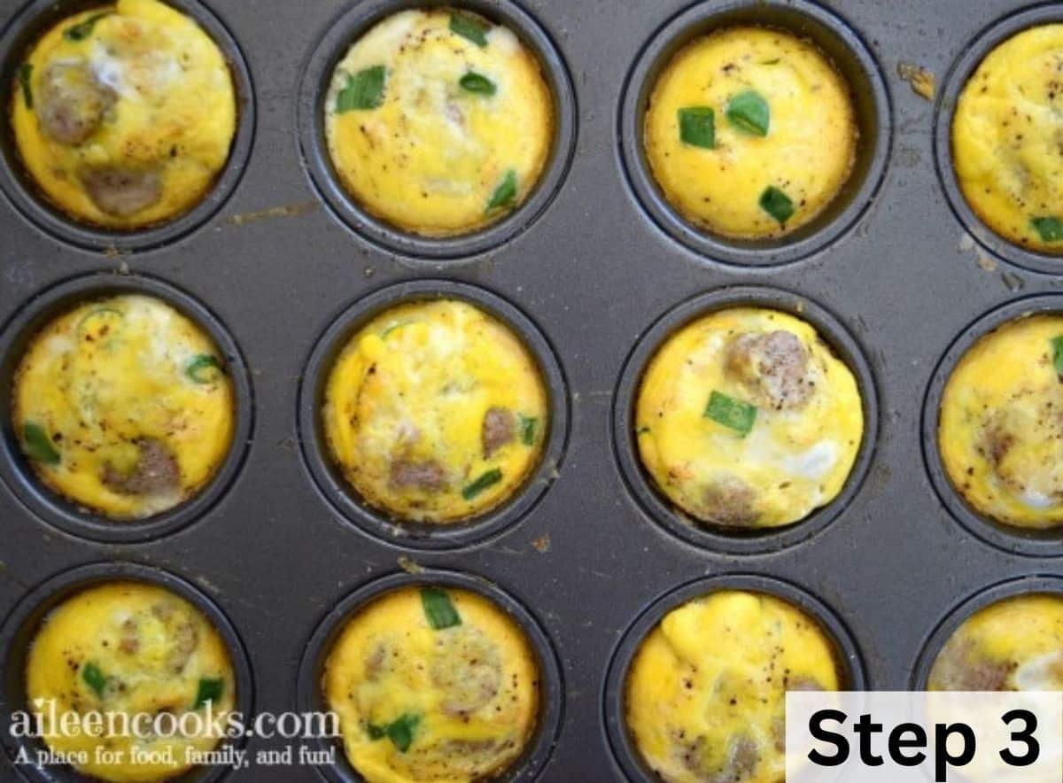 Baked meal prep eggs inside a muffin pan.