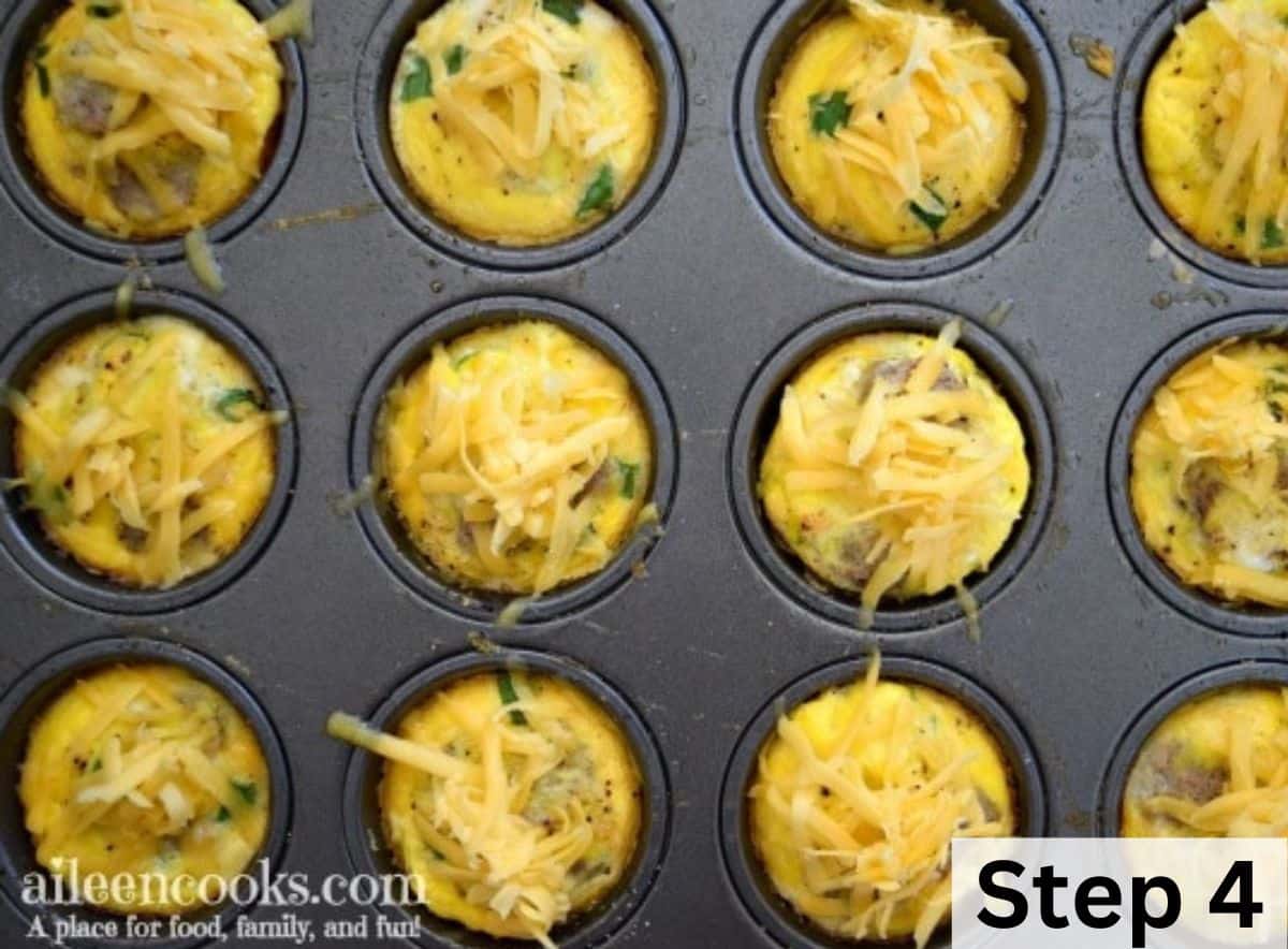 Meal prep eggs topped with shredded cheddar cheese.