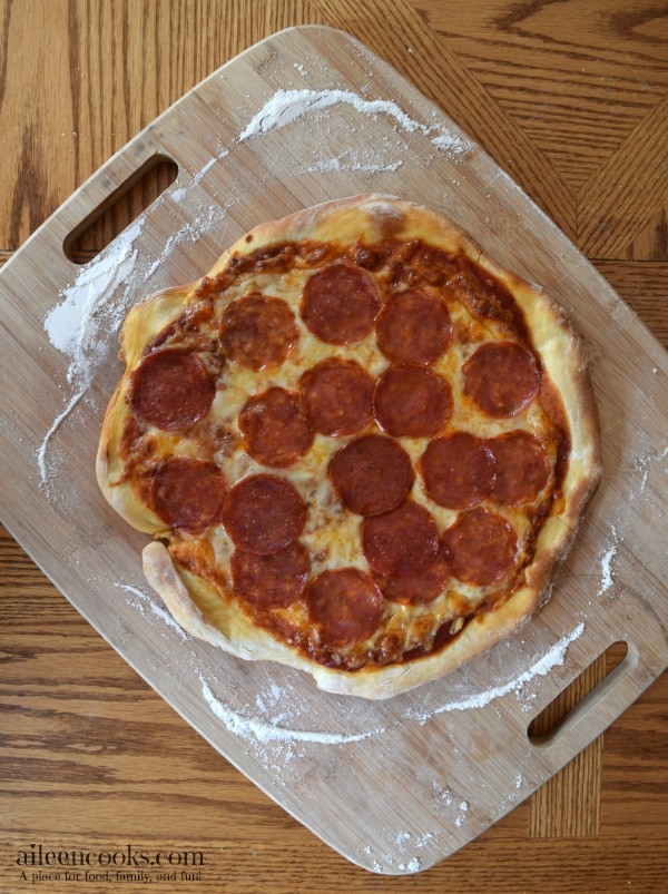 Quick and easy homemade pizza dough. Whip up a batch of pizza dough with just a few simple ingredients in under 30 minutes. No rise time needed! This recipes makes 2 thin crust medium pizzas or 1 thick crust large pizza.